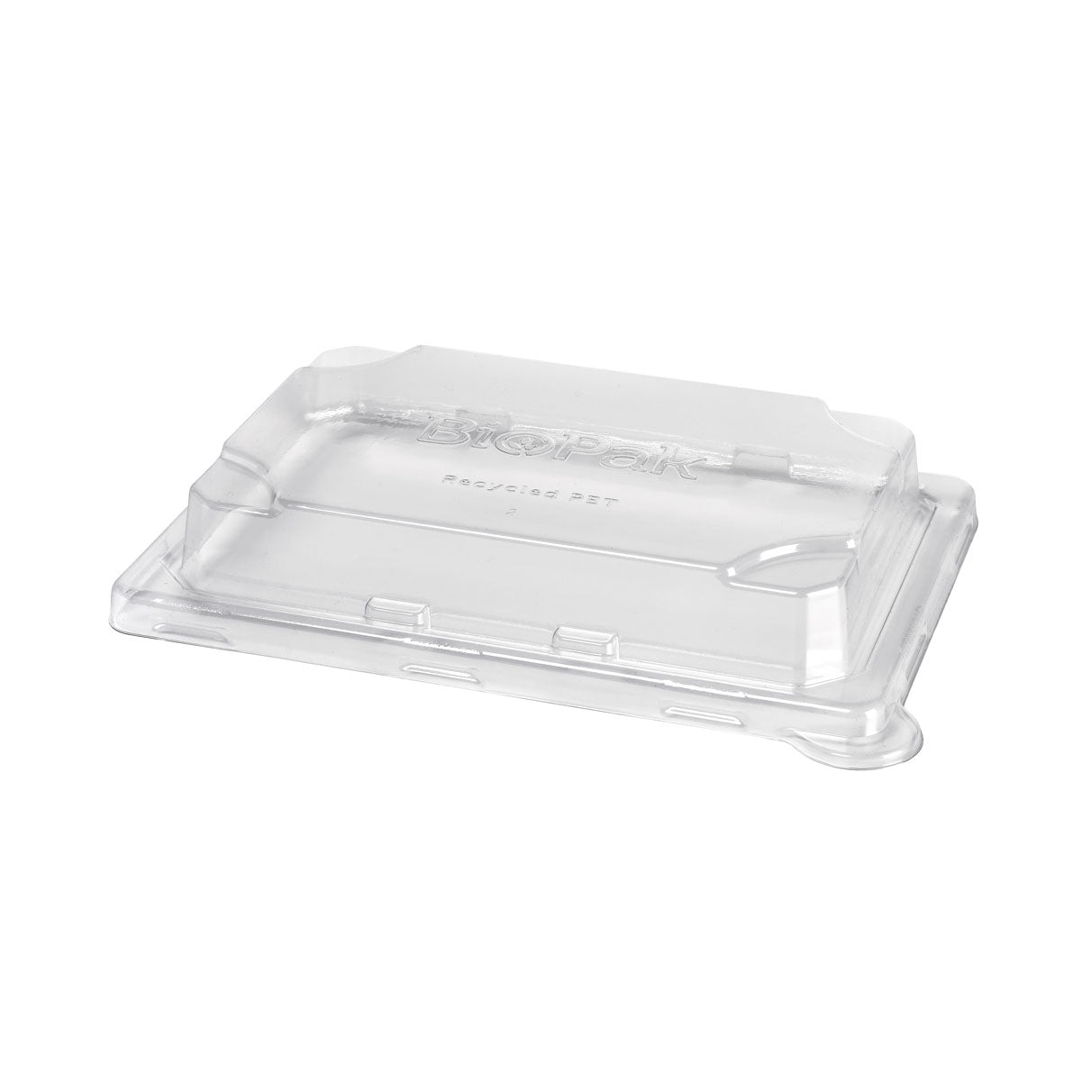 A tampa rPET Sushi small da Duni GmbH é uma tampa transparente e retangular (195x139x33 mm) com bordas elevadas e um centro plano - ideal para embalagens sustentáveis. É entregue em pacotes de 50 unidades.