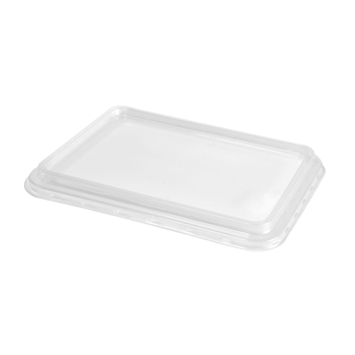 Na imagem está uma tampa retangular e transparente de PP (225x175x17 mm) da Duni GmbH para recipientes de alimentos de plástico sobre um fundo branco. A tampa tem bordas ligeiramente elevadas e uma superfície lisa. Embalagem: 210 unidades.