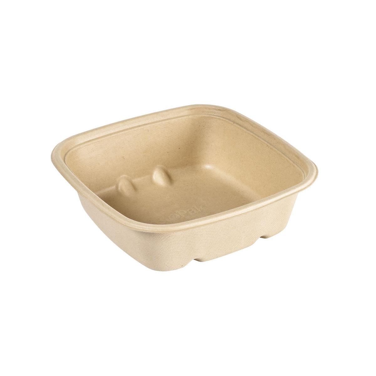 Ein schlichter, unbeschichteter, quadratischer Braun Bagasse Bowl CUBE SQUARE der Duni GmbH mit abgerundeten Ecken, biologisch abbaubar und umweltfreundlich, fotografiert auf weißem Hintergrund.