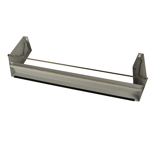 O dispositivo de separação de filme Starpak de 1 via para rolos grandes de 45 cm de largura é um dispensador de parede de metal com trilho de corte horizontal e suportes laterais - ideal para instalações de embalagem industrial ou uso como dispositivo de separação de filme.