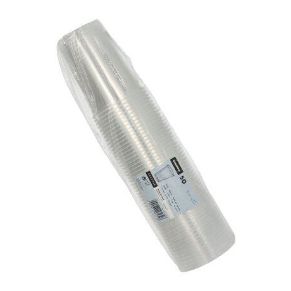Um conjunto de copos de plástico transparentes da Starpak, organizados ordenadamente em forma cilíndrica e embalados em plástico. A embalagem possui uma etiqueta com detalhes do produto e um código de barras. Trata-se de novos copos de plástico Starpak (PP) com um volume de 0,4 litros, dimensões Ø 9,5 cm x 12,2 cm e um pacote com 50 unidades com borda de espuma.