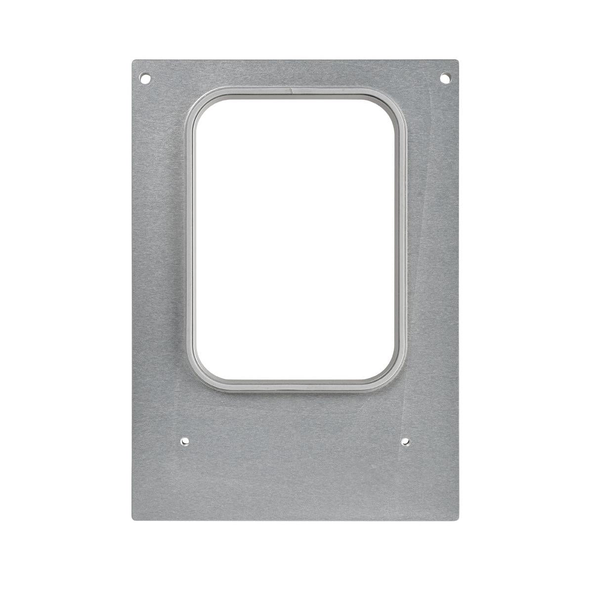 Uma placa de metal retangular com um recorte central retangular arredondado e quatro furos de parafuso nos cantos, que se assemelha a partes do cartucho Duni GmbH DF10/20 para a tigela Forum de 785 ml (pacote, 1 peça), fotografada sobre um fundo branco.