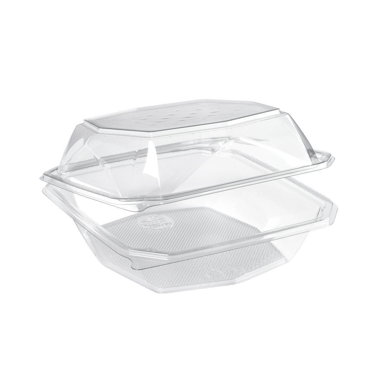 Ein geöffneter rPET Octaview® M+ Transparent rPET 185x185x90 Clamshell Container von Duni GmbH, der sowohl den Deckel als auch den Boden zeigt; eine saubere, klare Verpackung, ideal für Lebensmittel. Packung (255 Stück).
