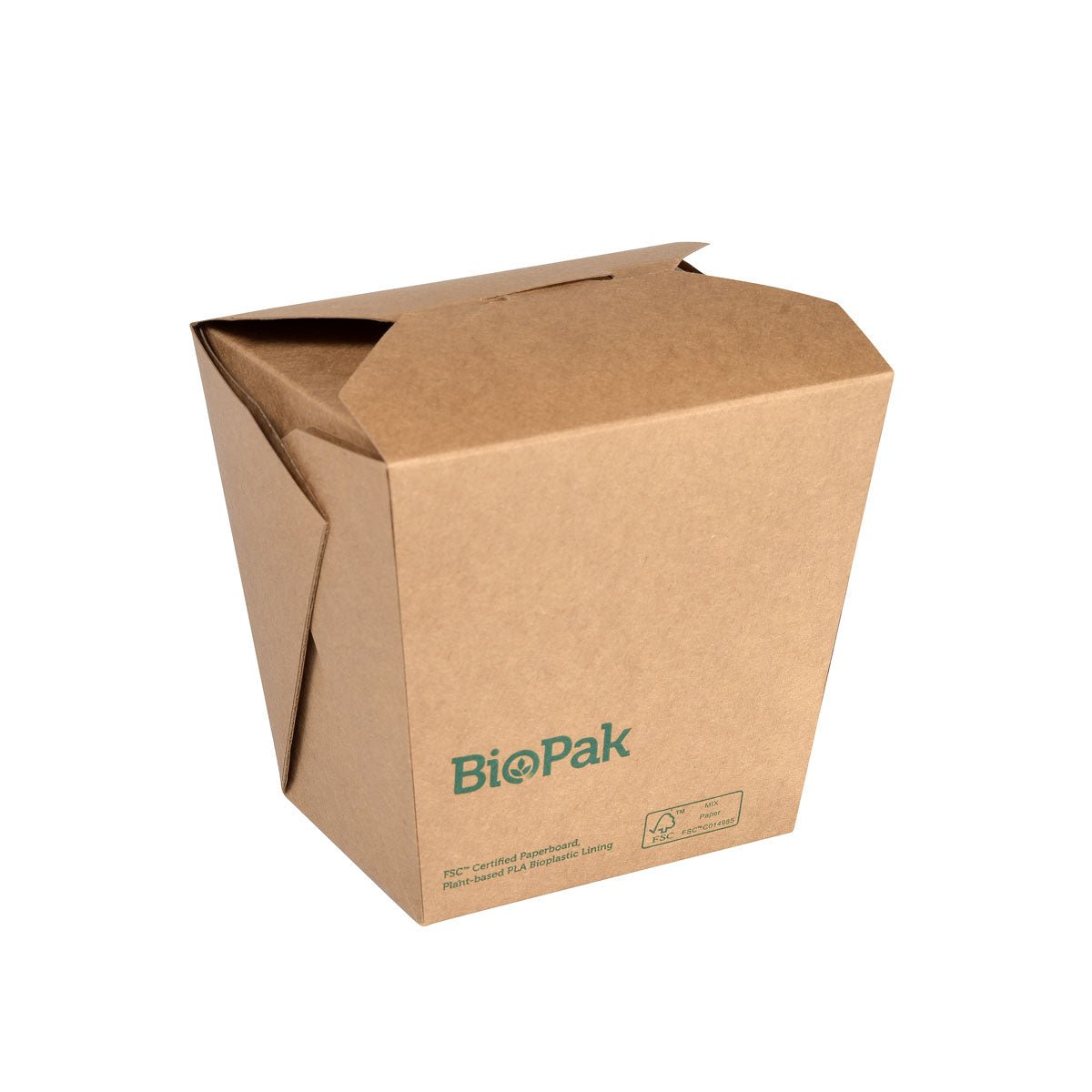 Uma caixa de cartão castanha certificada pelo FSC Bio NOODLE LARGE (960 ml) da Duni GmbH, 114x98x110 mm, com tampa dobrada e símbolos de reciclagem - ideal como caixa para takeaway biodegradável para refeições ecológicas (embalagem de 50 unidades).