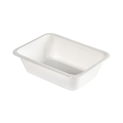 O CPET Take-Away pequeno Branco CPET da Duni GmbH é uma bandeja de esmalte branca, retangular, com cantos arredondados e lados chanfrados, que é perfeita como recipiente para levar, adequado para micro-ondas ou resistente ao calor, ilustrada em fundo branco.