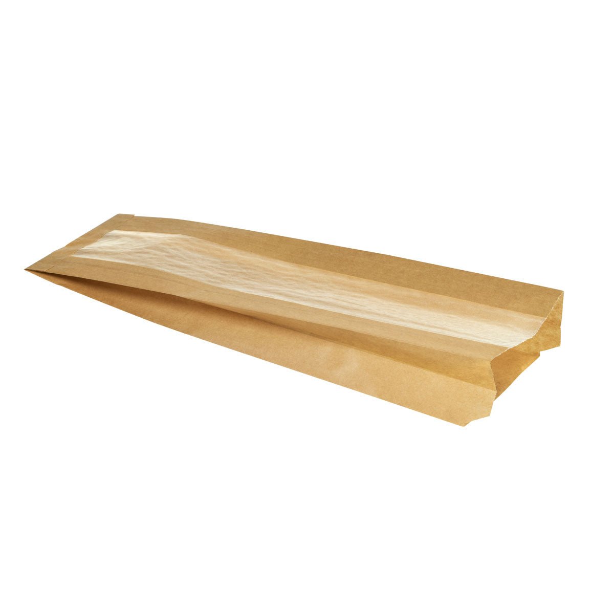 O saco de papel Duni GmbH para baguetes, cartão/celulose castanho, 370x100x50 mm, pacote (1000 unidades), possui uma janela transparente e é perfeito como embalagem ecológica para produtos de panificação - ideal para padarias. Ilustrado em fundo branco.
