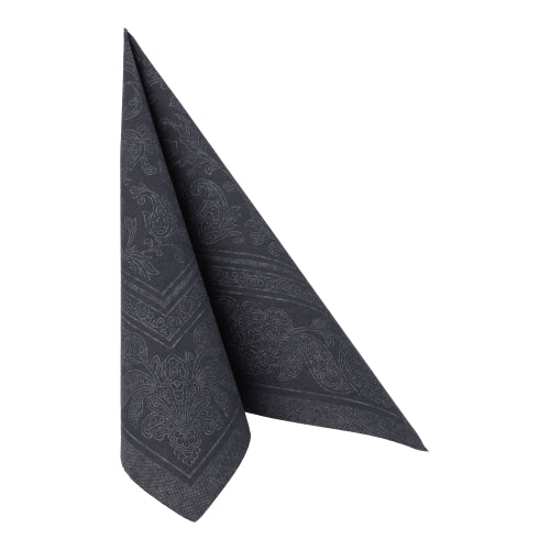 Um guardanapo preto bem dobrado, semelhante aos PAPSTAR 50 Guardanapos "ROYAL Collection" 1/4-Fold 40 x 40 cm preto da PAPSTAR GmbH, está em pé em um fundo branco simples.