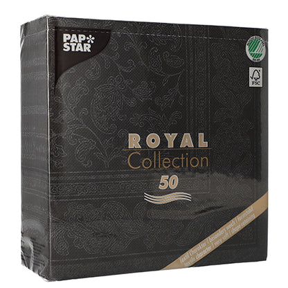 Uma embalagem preta da PAPSTAR GmbH 50 Guardanapos "ROYAL Collection" 1/4-Fold, 40 x 40 cm, preto, com padrões decorativos e símbolos ecológicos na frente.