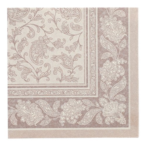 O guardanapo quadrado de 40 x 40 cm da coleção ROYAL da PAPSTAR GmbH na cor "mocca" apresenta um padrão floral e paisley ornamentado com uma borda decorativa correspondente. O pacote contém 50 guardanapos, cada um com uma prática dobra 1/4.