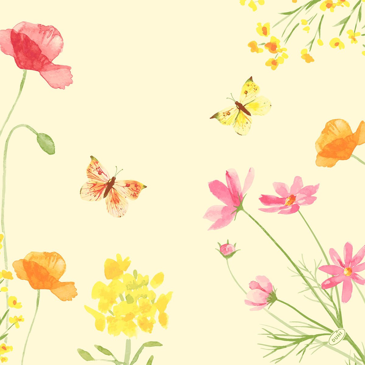 Flores aquareladas em vermelho, amarelo e laranja com borboletas em um fundo amarelo claro. Ideal para guardanapos Dunisoft 40x40cm da Duni GmbH - perfeito para guardanapos elegantes ou com uma sensação suave semelhante a tecido.