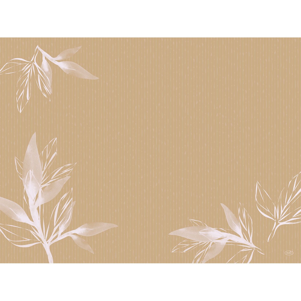 Um fundo castanho claro com linhas verticais finas e padrões de folhas brancas, semitransparentes em três cantos. O centro vazio torna os jogos americanos de papel 30x40 cm Eco Leaves da Duni GmbH ideais para mesas cobertas de forma ecológica. Embalagem: 250 peças.