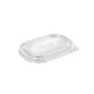 Na imagem está uma tampa transparente, retangular de rPET BRICK MEDIUM 500-1000 ml (174x124x15) da Duni GmbH com uma ligeira borda na margem sobre fundo branco - uma alternativa sustentável para embalagens transparentes. Embalagem: 50 unidades.