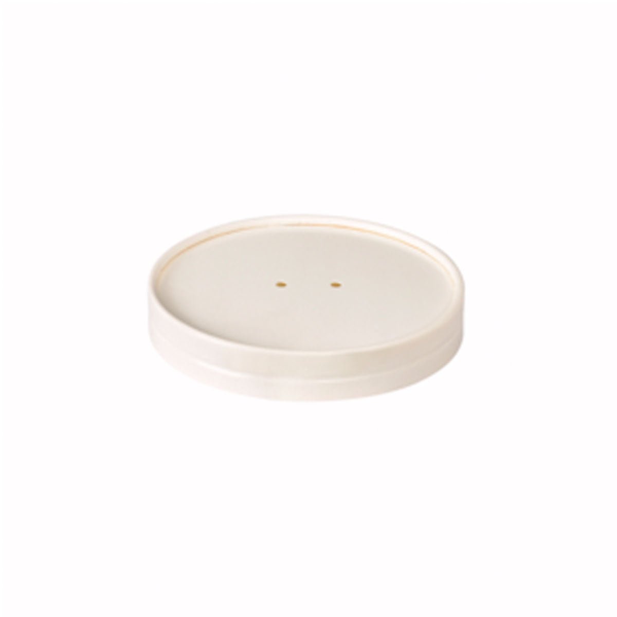 Uma tampa de cartão Coppa redonda, plana e de cor creme de 250/350 ml Branco da Duni GmbH (116x116x10 mm, 50 peças) com dois pequenos orifícios perto do centro é retratada sobre um fundo branco simples.