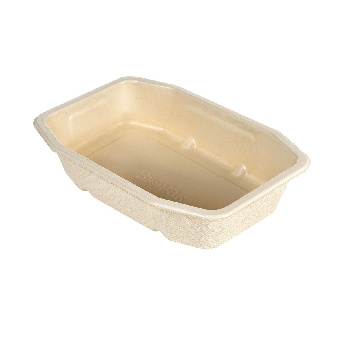 Um recipiente retangular de alimentos HMR Fibretray/PLA de 1 compartimento (215x148x40 mm) feito de bagaço revestido da Duni GmbH. Lados ligeiramente elevados e cantos arredondados fazem dele uma embalagem descartável ecológica (320 unidades).