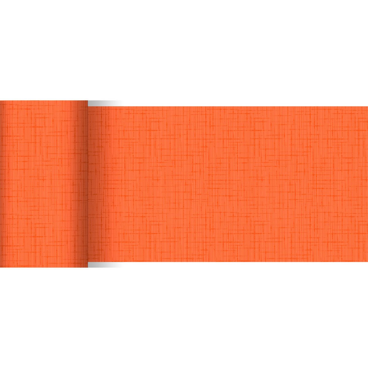 O corredor de mesa Dunicel laranja parcialmente desenrolado (20 m x 15 cm) da Duni GmbH destaca-se por um padrão discreto de linhas cruzadas e é ideal para uma decoração de mesa elegante devido à sua cor vibrante e design.
