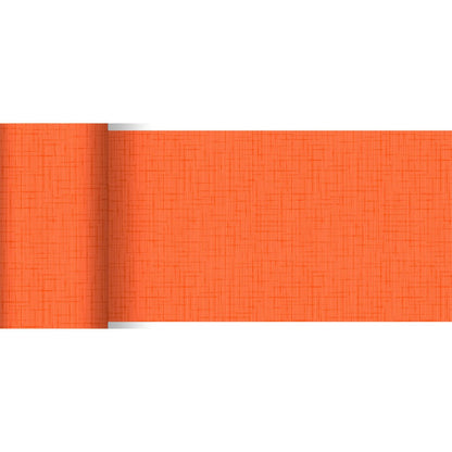 O corredor de mesa Dunicel laranja parcialmente desenrolado (20 m x 15 cm) da Duni GmbH destaca-se por um padrão discreto de linhas cruzadas e é ideal para uma decoração de mesa elegante devido à sua cor vibrante e design.