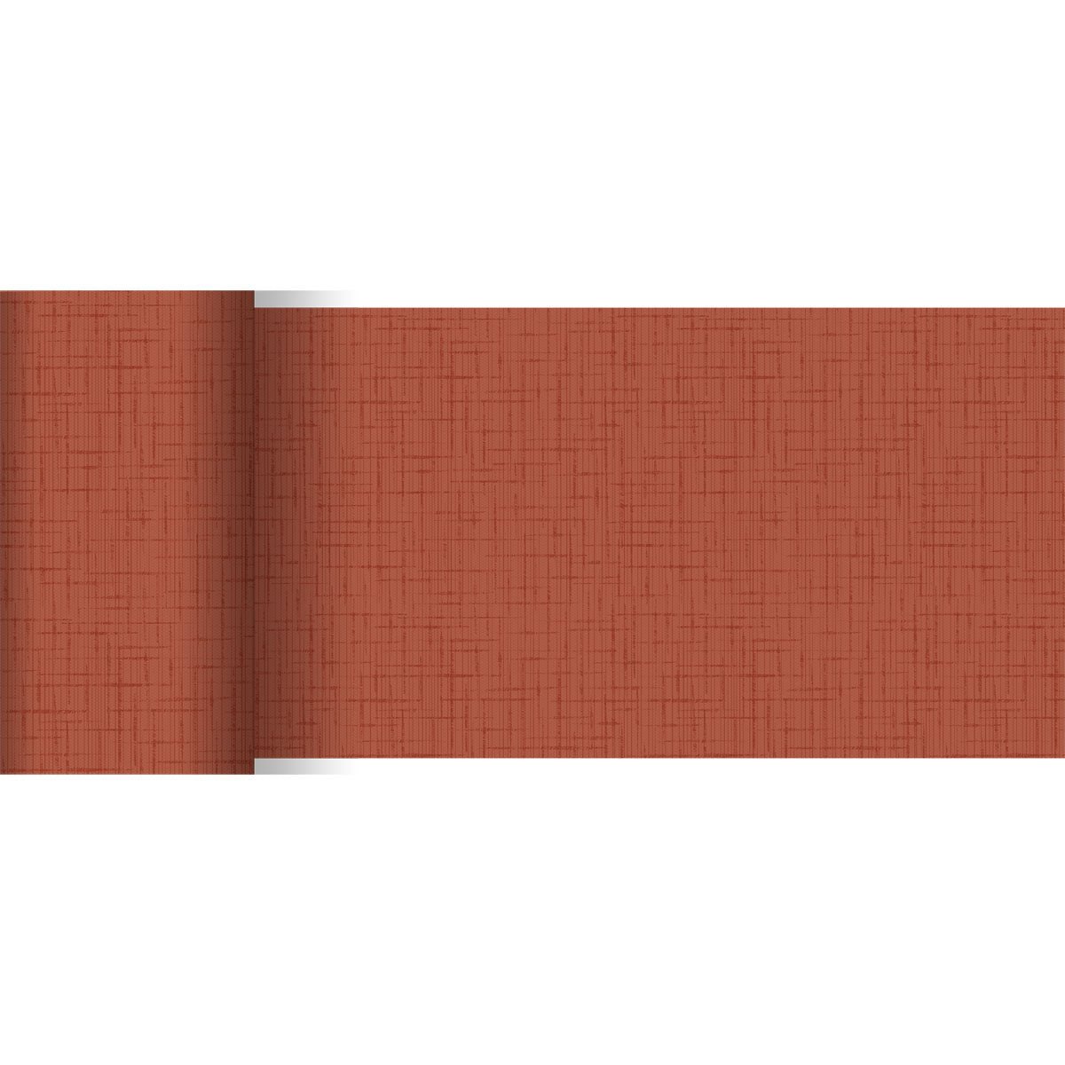 O corredor de mesa Dunicel da Duni GmbH (20 m x 15 cm) apresenta um padrão de cruz texturizado em tom enferrujado ou terracota, parcialmente desenrolado sobre fundo branco - ideal como decoração de mesa.