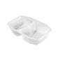 A embalagem PP HMR 2 Transparente PP 215x148x50 da Duni GmbH é um recipiente para alimentos transparente com duas divisórias, apresentado vazio sobre um fundo branco. Disponível em embalagens de 312 unidades.