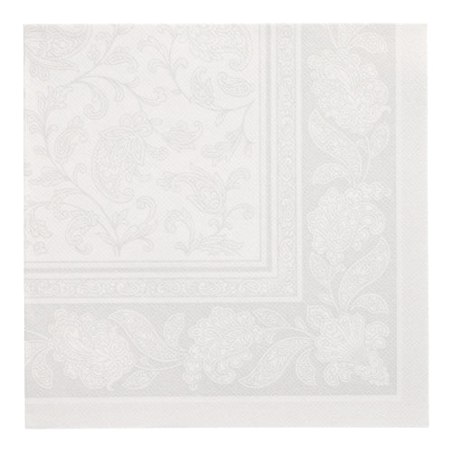 Draufsicht auf eine weiße PAPSTAR 20 Servietten "ROYAL Collection" 1/4-Falz Serviette (40x40 cm) der PAPSTAR GmbH mit geprägter Blumen- und Paisley-Bordüre auf weißem Hintergrund.