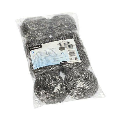 Uma embalagem plástica transparente com oito esfregões espirais Starpak, aço inoxidável Ø 7,5 cm · 6 cm, abrasivo | Folha (8 unidades), com um rótulo azul e branco com detalhes do produto e imagens de panelas para uma limpeza eficiente.