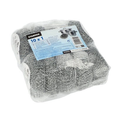 Um esfregão Starpak embalado em plástico (fio redondo Ø 10 cm, 3 cm, abrasivo | Rede, 1 unidade) com texto azul e imagens de esfregões, ideal para a limpeza profunda de utensílios de cozinha com detalhes do produto na frente.