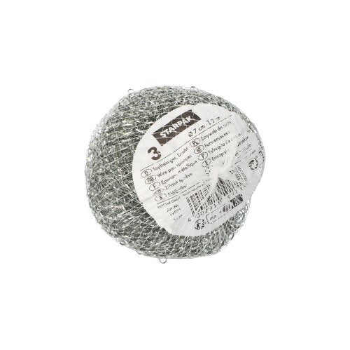 Os esfregões Starpak 3 (Arame Ø 7 cm · 2 cm, abrasivo | Rede, 3 unidades) são esponjas de metal redondas com etiqueta de informação branca, ideais para limpeza profunda e esfregar várias superfícies.