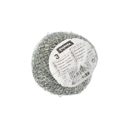 Os esfregões Starpak 3 (Arame Ø 7 cm · 2 cm, abrasivo | Rede, 3 unidades) são esponjas de metal redondas com etiqueta de informação branca, ideais para limpeza profunda e esfregar várias superfícies.