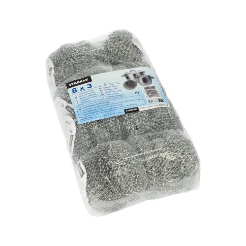 Um pacote transparente embalado em plástico com três esfregões de arame Starpak (Ø 7 cm, 2 cm, abrasivo) com a inscrição „Starpak“. A etiqueta azul e branca promove uma solução de limpeza eficaz para panelas e frigideiras em várias línguas.