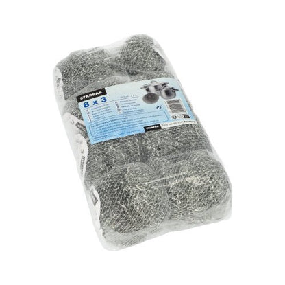 Um pacote transparente embalado em plástico com três esfregões de arame Starpak (Ø 7 cm, 2 cm, abrasivo) com a inscrição „Starpak“. A etiqueta azul e branca promove uma solução de limpeza eficaz para panelas e frigideiras em várias línguas.