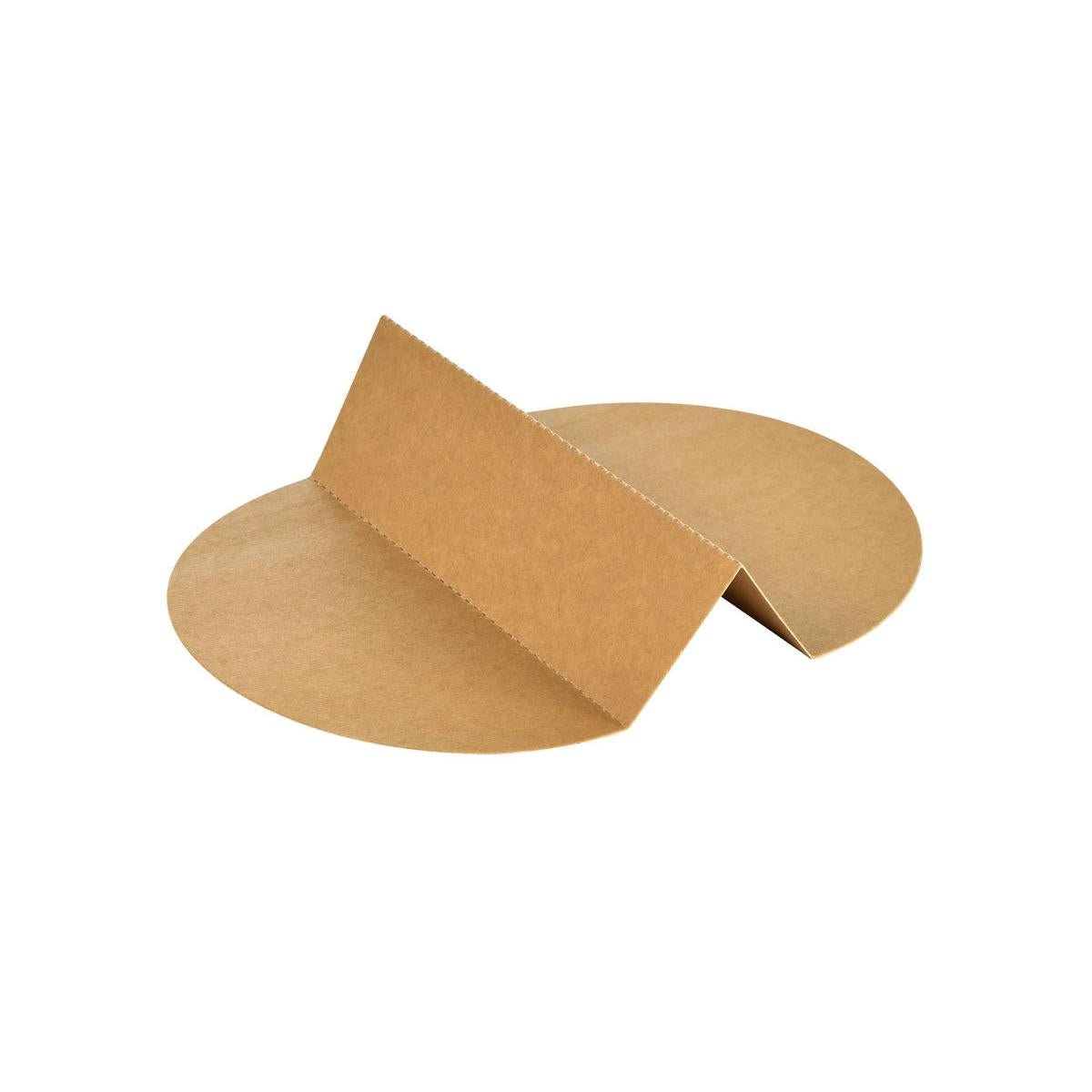 Duas rodelas redondas e castanhas de cartão FSC estão ligadas por uma peça retangular dobrada, que representa o divisor de cartão Duni GmbH RONDA 1300 ml para 196014 Castanho Cartão FSC/PLA (263x173x1), para embalagens alimentares. O conjunto está sobre um fundo branco.