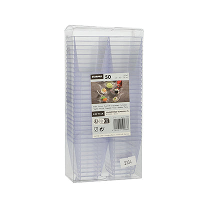Um pacote com 50 tigelas triangulares transparentes Starpak Fingerfood-Schalen (PS glasklar) da Starpak em uma embalagem plástica transparente, com uma etiqueta contendo informações e imagem de sobremesa – ideal para eventos e apresentações de sobremesas elegantes.
