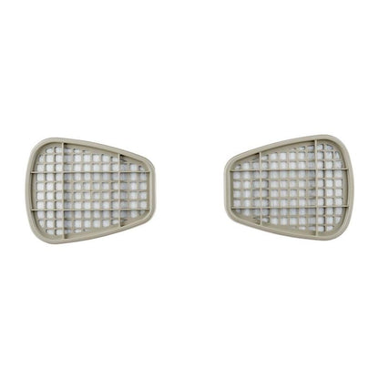Duas coberturas de filtro idênticas, bege, em forma de grade de plástico, que são compatíveis com o cartucho de filtro 3M™ 6059 ABEK1 (1 par/pacote) da 3M Deutschland GmbH, estão colocadas lado a lado sobre um fundo branco.