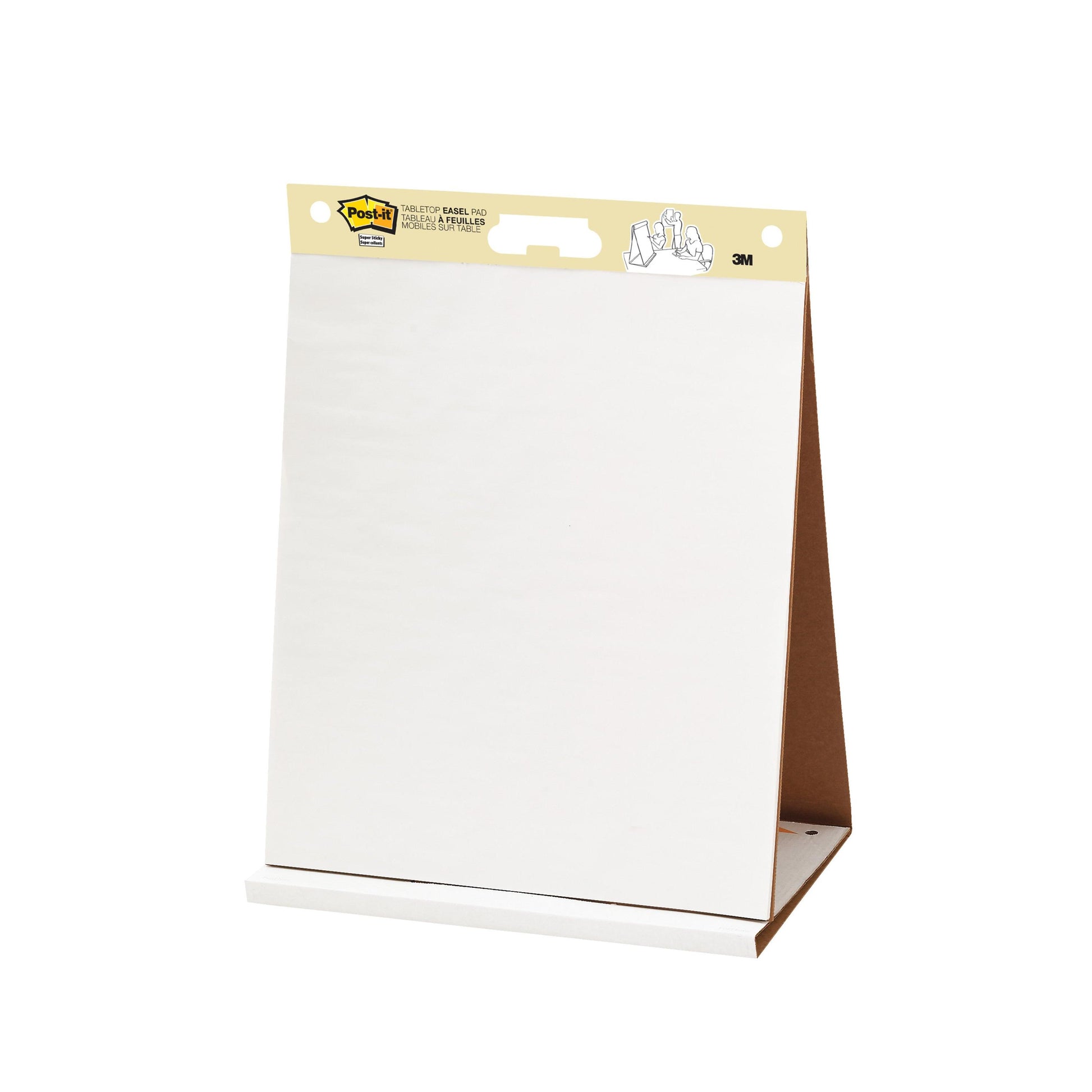 Der 3M Post-it® Super Sticky Meeting Chart/Flipchart besteht aus 20 weißen, leeren Blättern pro Block, misst 58,4 cm x 50,8 cm und steht aufrecht auf einer Pappunterlage mit einem gelben Etikett mit Produktinformationen. Die Packung enthält 6 Blöcke.