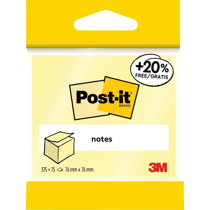 Um pacote de Notas Post-it® da 3M Deutschland GmbH, amarelas, 76 mm x 76 mm, 450 folhas/bloco, 1 bloco/pacote, com "+20% grátis", certificado PEFC (SGSCH-PEFC-COC-110078), cabeçalho amarelo e logotipo da marca.