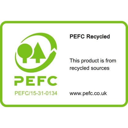 O rótulo reciclado PEFC nas Post-it® Recycling Notes (38 mm x 51 mm, 100 folhas/bloco, 100% PEFC) da 3M Deutschland GmbH indica fontes recicladas e mostra o logotipo, o número de certificação e www.pefc.co.uk em verde e preto sobre branco.