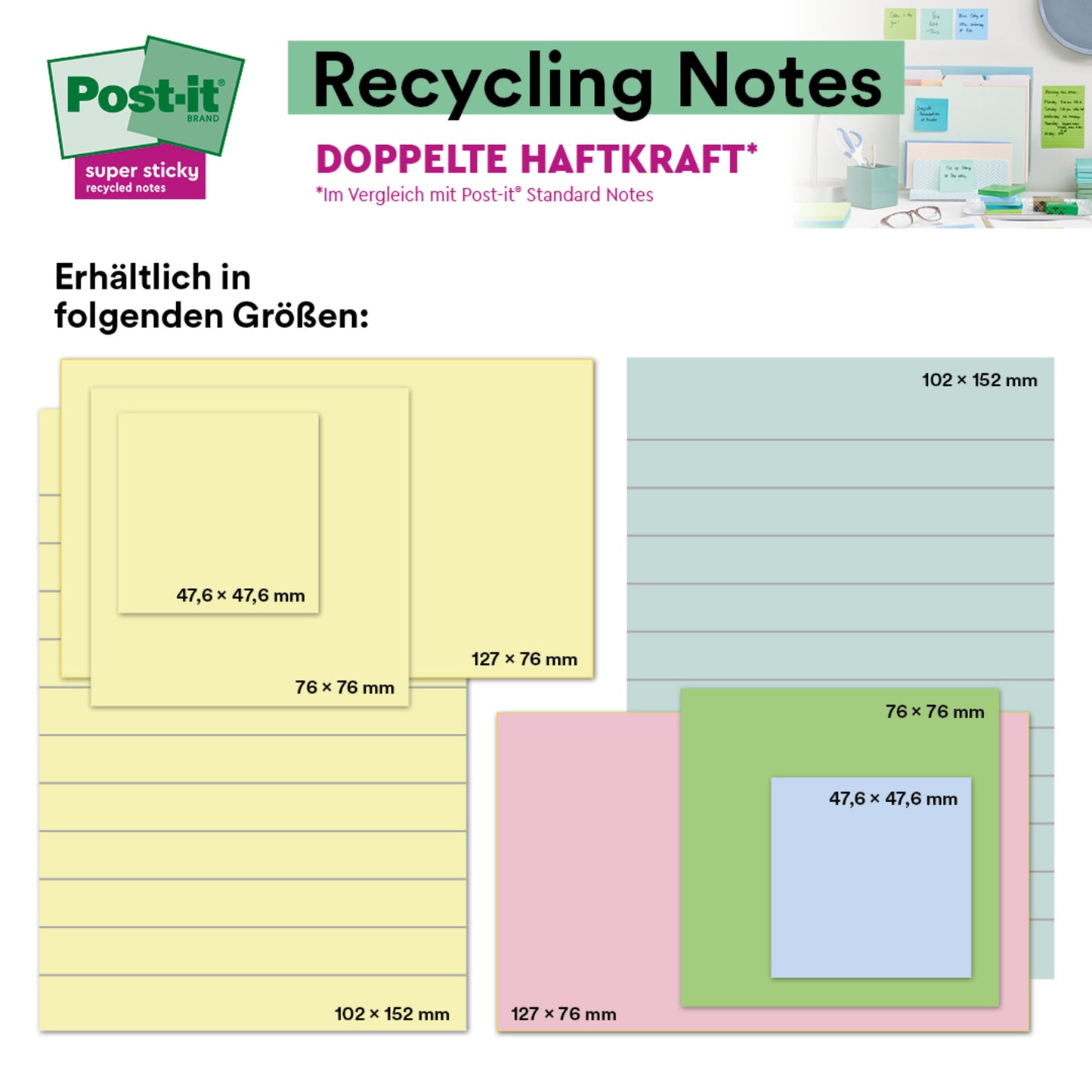 Eine Grafik zeigt 3M Post-it® Super Sticky 100% Recycling Notes, Gelb, liniert, 102 x 152 mm, 45 Blatt pro Block, 4 Blöcke je Packung, PEFC zertifiziert (SGSCH-PEFC-COC-110078) von 3M Deutschland GmbH.