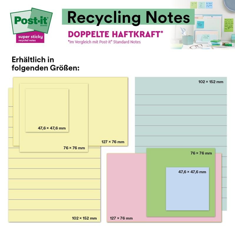 Um display com 3M Deutschland GmbH Post-it® Super Sticky 100% Recycling Notes, 76x76 mm, 70 folhas/bloco, certificado pelo PEFC, nas cores amarelo pastel, azul, rosa e verde com texto em alemão e medidas em um fundo branco.