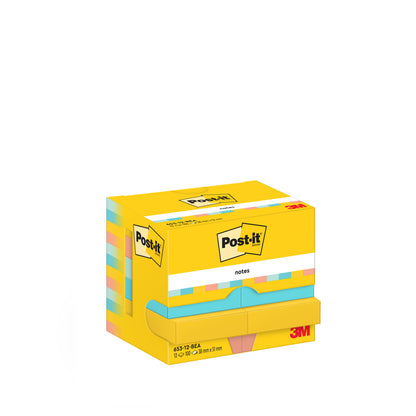 Uma caixa amarela de notas Post-it®, Beachside Collection (38x51mm, 100 folhas/bloco, 12 blocos/pacote) da 3M Deutschland GmbH com o logotipo Post-it e informações do produto em fundo branco; embalagem de papelão, 100% certificado PEFC.