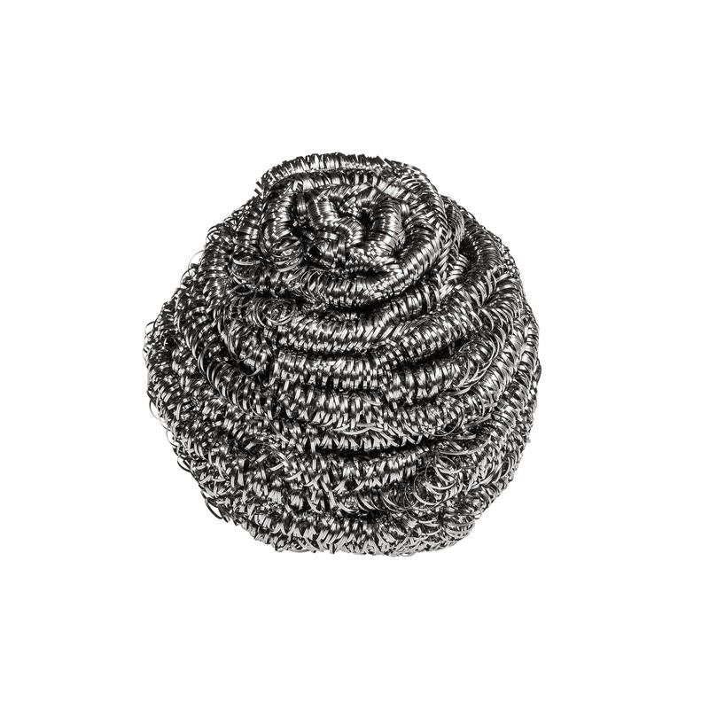 A espiral de aço inoxidável Scotch-Brite® da 3M Deutschland GmbH (3 unidades por embalagem) de aço inoxidável prateado com estrutura torcida é ideal para a limpeza da cozinha e remove sujeiras difíceis. Exibido em fundo branco.