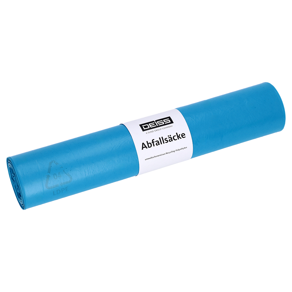 Abgebildet ist eine Rolle EMIL DEISS KG (GmbH + Co.) DEISS 20004 blaue Müllsäcke, 700x1100x0,029 mm (25 Säcke pro Rolle), mit weißem "DESS"-Etikett und "Abfallsäcke", auf weißem Hintergrund.