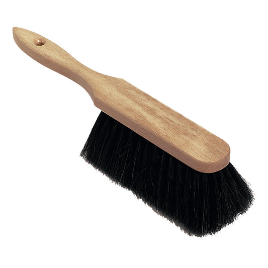 Der Nölle Profi Brush Stubenhandfeger 30 cm, Naturhaar für Reinigung von Nölle Profi Brush Bürsten- & Pinseltechnik e.K. hat einen Holzstiel mit Aufhängeloch und schwarze Naturhaarborsten, abgebildet auf weißem Hintergrund.