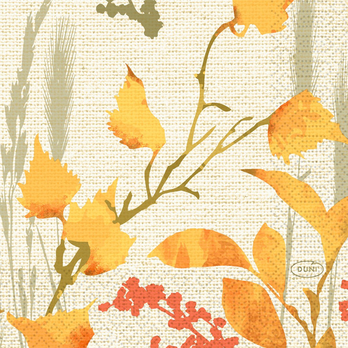 Um fundo estruturado com folhas de outono amarelas e laranja, hastes de trigo e bagas vermelhas cria um efeito tecido - ideal para guardanapos Duni GmbH 24x24 de 3 camadas 1/4 Fall Beauty | Embalagem (50 unidades).
