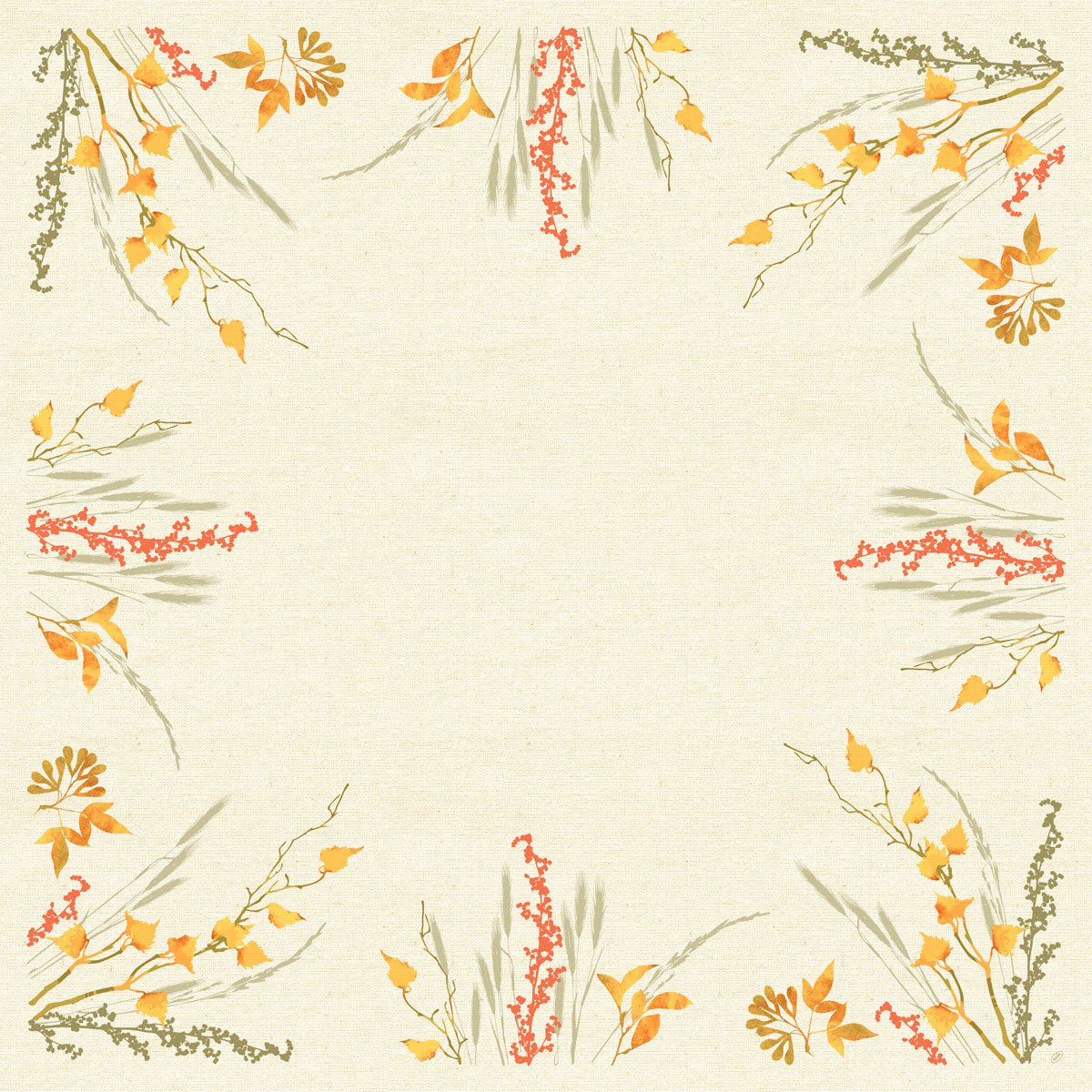 O canto de toalha de mesa Dunisilk+ 84x84cm Fall Beauty da Duni GmbH tem uma moldura bege, quadrada, com padrões de flores laranja, amarelas e vermelhas em cada canto. Um pacote de 20 - perfeito para destacar temas outonais e deixar o centro aberto para conteúdos.