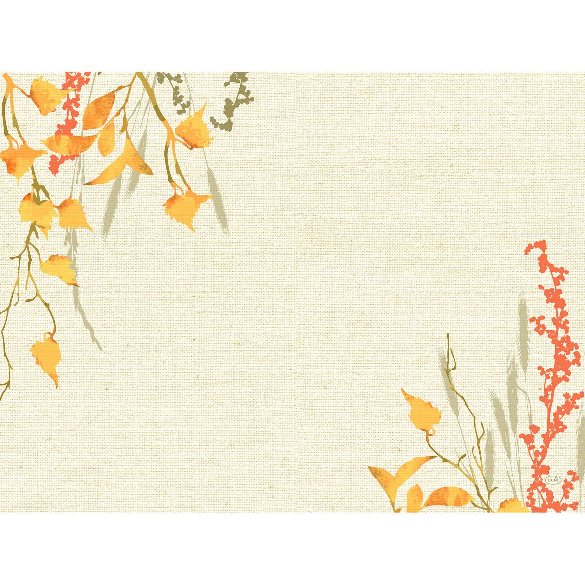 Conjuntos de mesa de papel 30x40cm Fall Beauty da Duni GmbH: Fundo texturizado bege, folhas de outono em tons de laranja e amarelo, caules verdes e bagas vermelhas nos cantos - perfeito para decoração de mesa de outono. Embalagem com 250 peças.