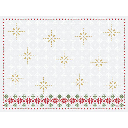 O conjunto de mesa Dunicel 30x40 da Duni GmbH é retangular, branco e decorado com flocos de neve dourados e cinzas, além de uma borda de flores vermelhas e verdes na parte inferior.