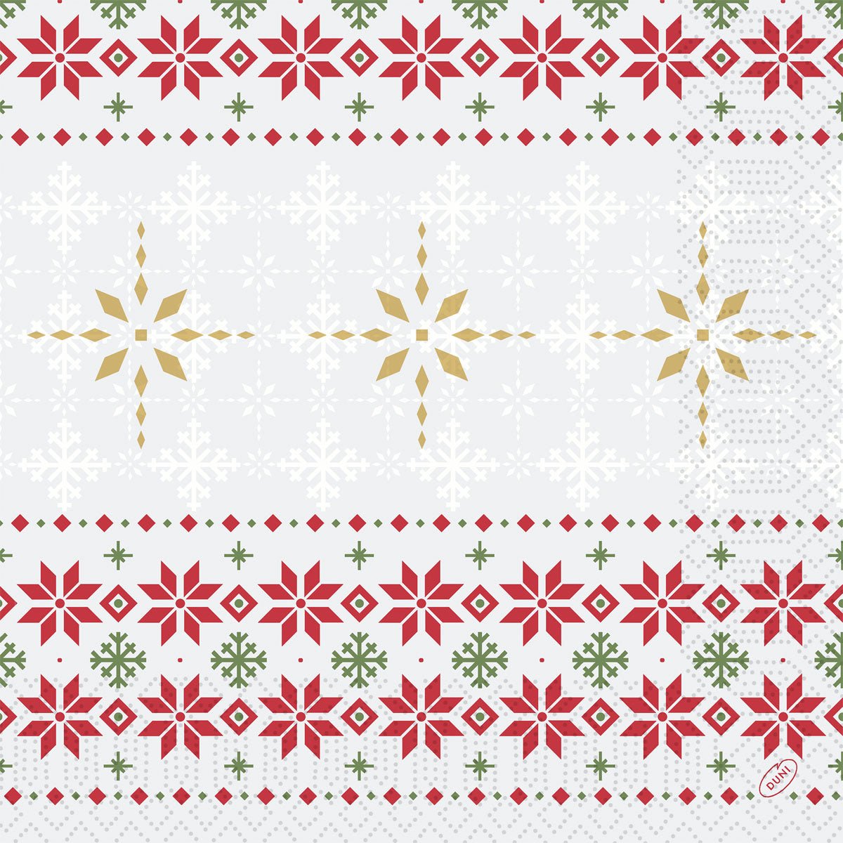 Os guardanapos 40x40, de 3 camadas, da gama 1/4 Tradition da Duni GmbH apresentam motivos festivos de flocos de neve e estrelas em tons de vermelho, verde e dourado, dispostos em filas sobre um fundo branco — ideais para a decoração de Natal. Cada embalagem contém 250 guardanapos.