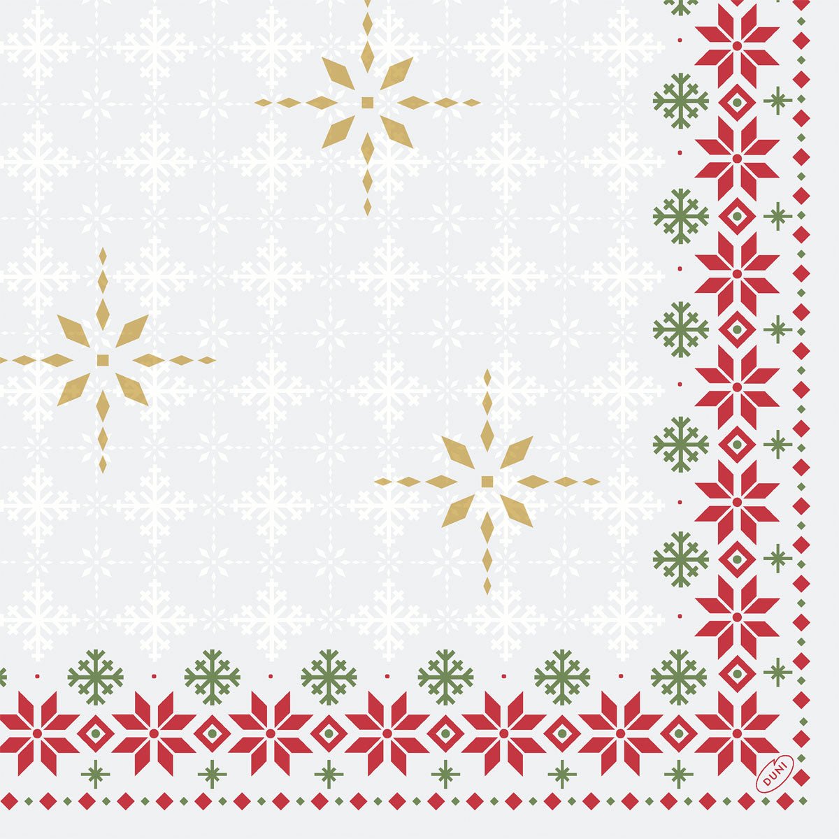Flocos de neve dourados e brancos e formas geométricas adornam um fundo claro, emoldurado por poinsétias vermelhas e verdes. Feito de guardanapos ecológicos Dunisoft 40x40cm da Duni GmbH. Um pequeno logotipo circular aparece no canto.