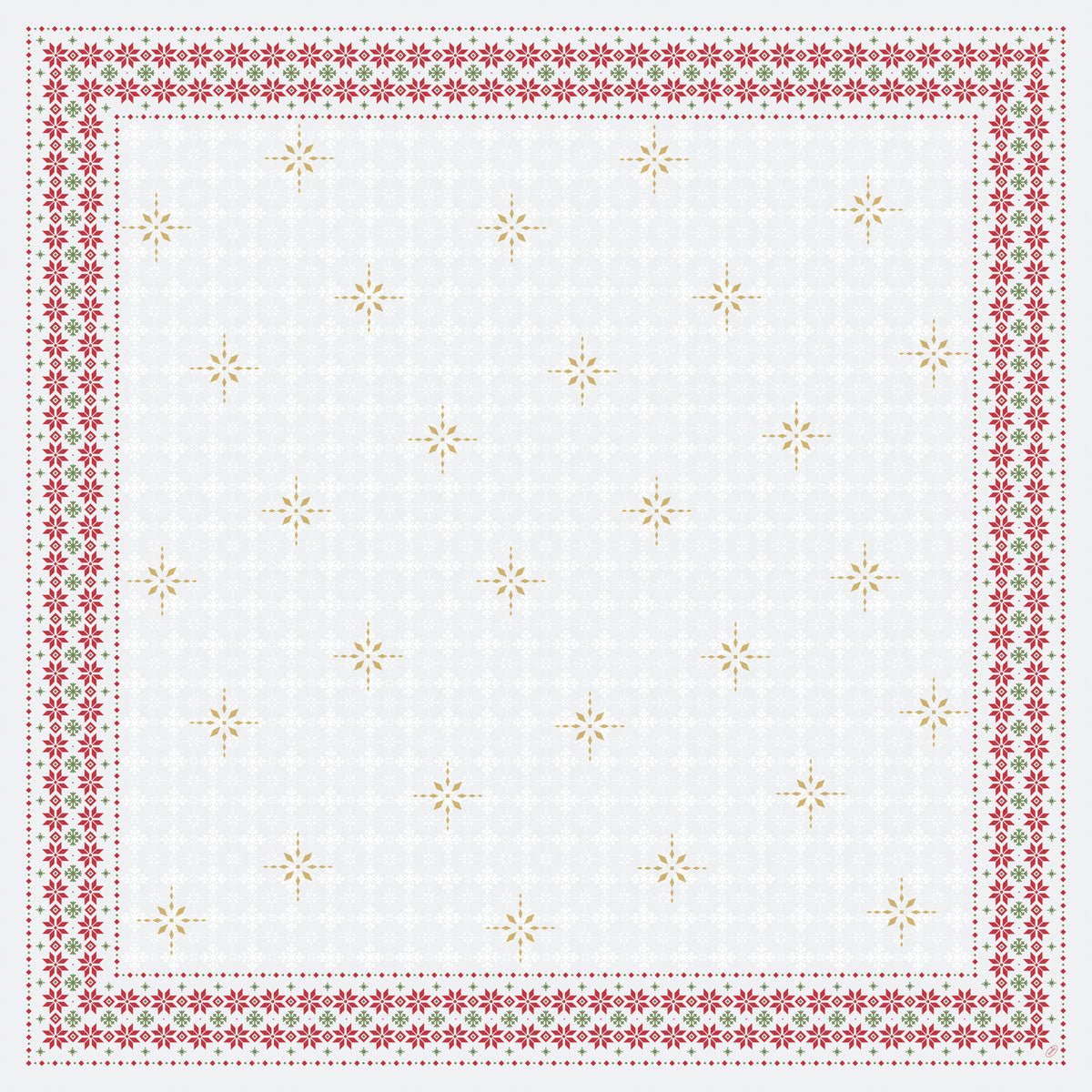 A toalha de mesa Dunicel 84x84cm Tradition da Duni GmbH tem um fundo branco com estrelas douradas repetidas e bordas com padrões florais e geométricos vermelho-verde, sendo assim ideal como decoração de mesa festiva. Embalado em 1 caixa.
