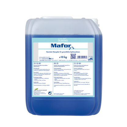 Ein 10 kg durchsichtiger Kunststoffbehälter von Dr. Schnell MAFOR N 1 Klarspüler für Geschirrspülmaschinen von DR.SCHNELL GmbH & Co. KGaA, gefüllt mit blauer Flüssigkeit; Frontetikett in deutscher Sprache mit der Angabe streifenfreier Glanz in gewerblichen Spülmaschinen.
