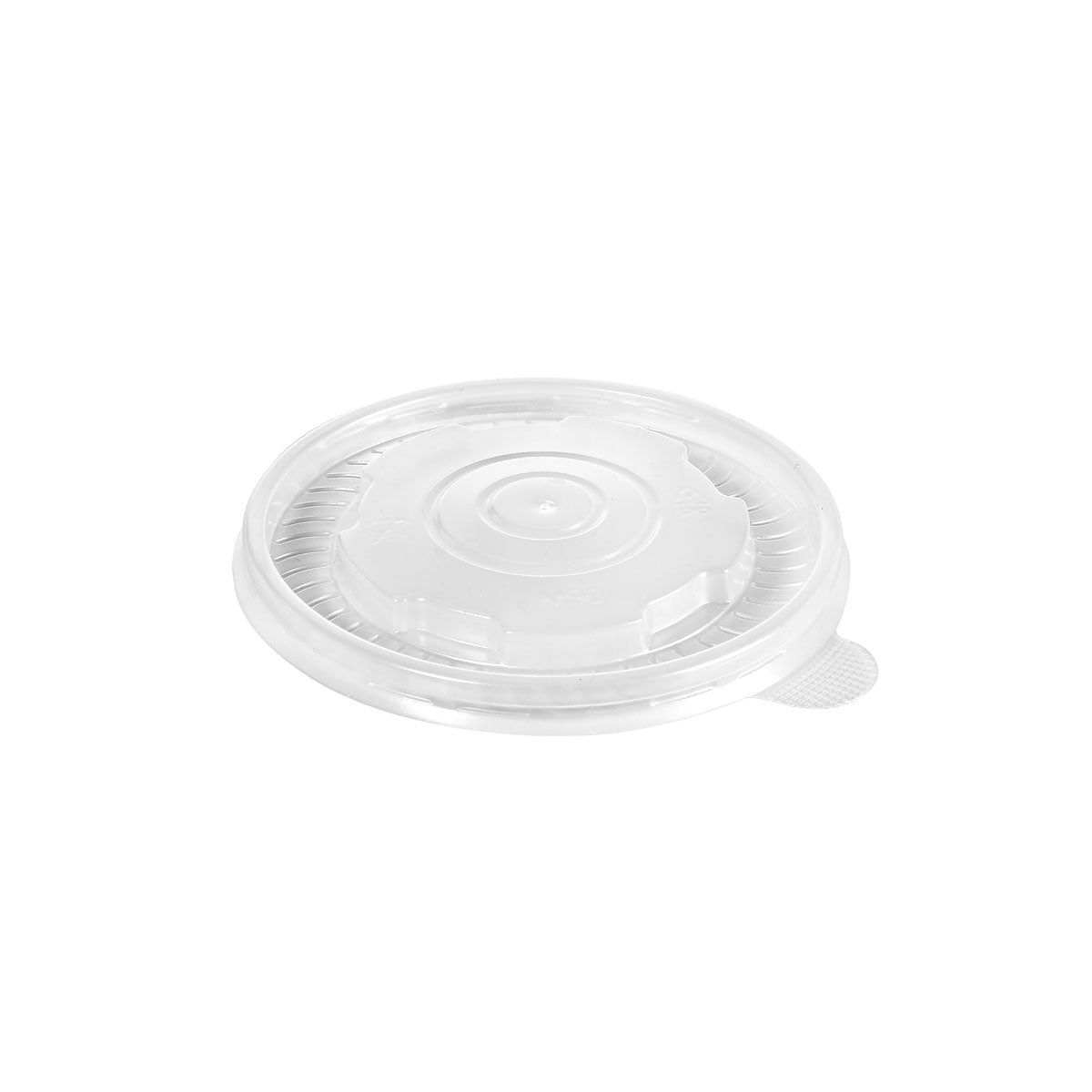 A tampa para 201088 Branco PP 90x90x6 da Duni GmbH, em pacote de 50, é uma tampa de plástico redonda com centro elevado e aba texturizada para fácil remoção - ideal para armazenamento na gastronomia, ilustrada sobre um fundo branco simples.